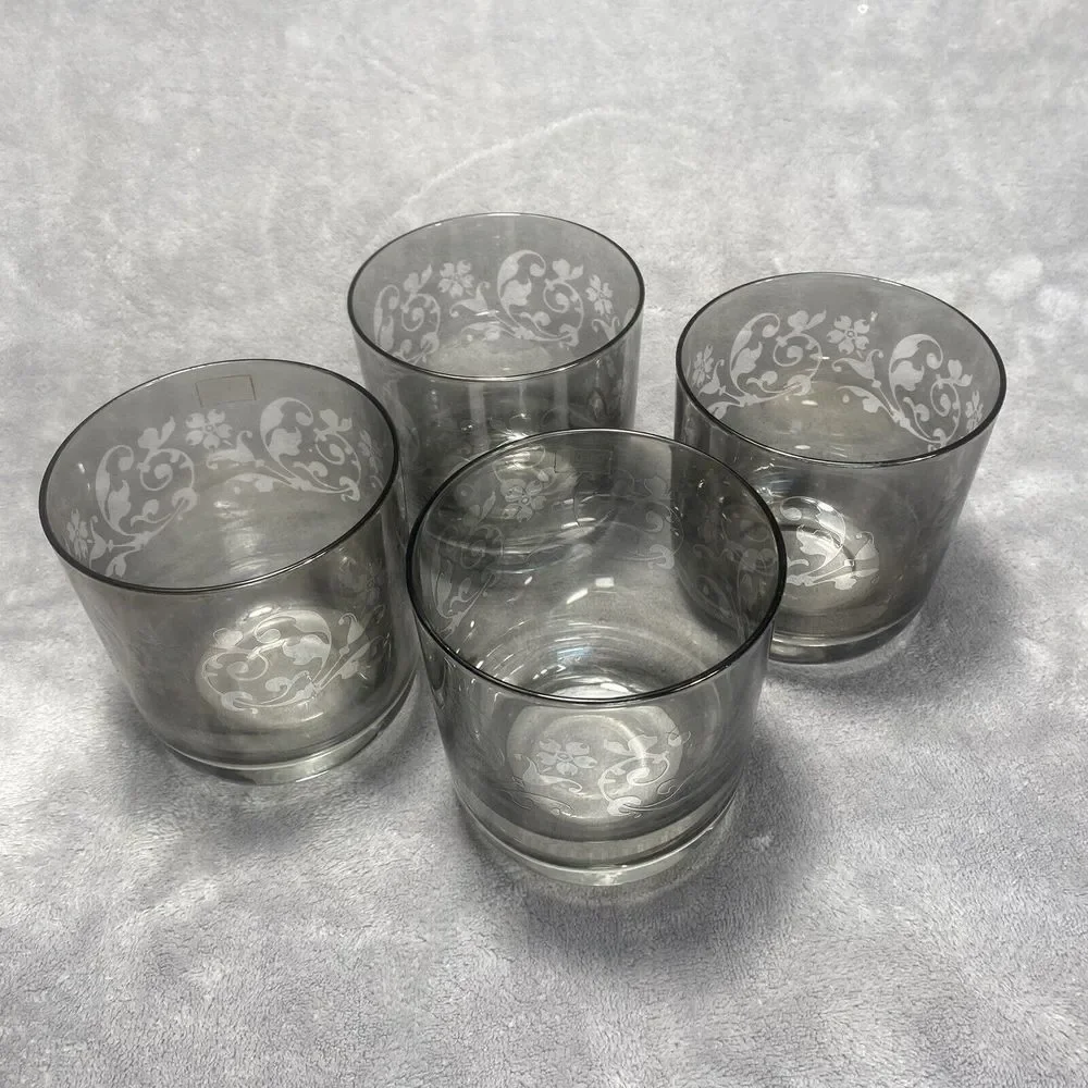 Crate‎ & Barrel Krosno Drinking Glass Set 4 Poland Tinted Etched Smokey Low Ball